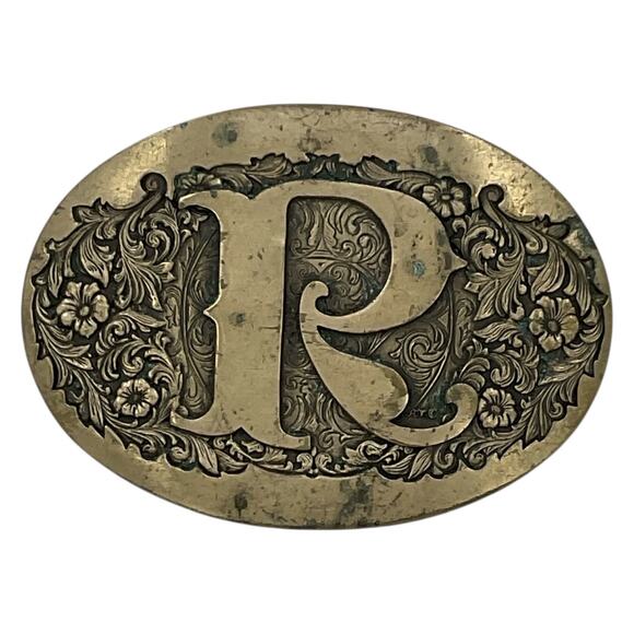 ADM Award Design Medals INC Solid Brass Vintage Belt Buckle Monogram Initial R - Picture 1 of 3
